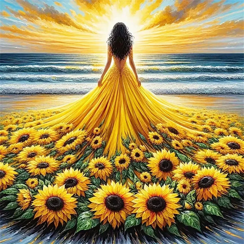 

Sunflower Goddess on the Beach Jigsaw Puzzle, Ocean Sunset Art Decor Brain Challenge Scenic Art Puzzle for Gift