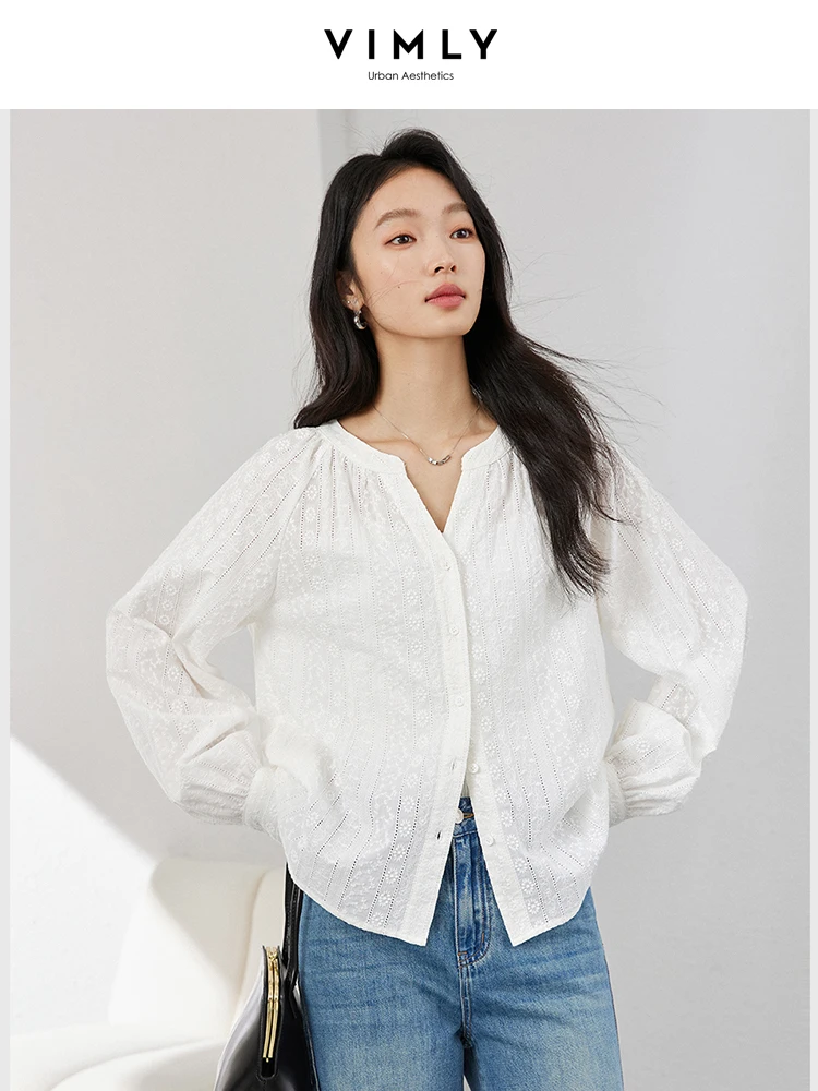 

VIMLY, женские белые рубашки из 100% хлопка, весна-осень 2022, свободные женские топы с v-образным вырезом и длинными рукавами, женская одежда A0508