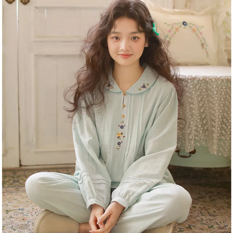 

Fashion 100% Cotton Embroidery Women's Long Sleeve Pajama Set Spring Autumn Loose Sleepwear Suits Royal Pyjama Home Clothes