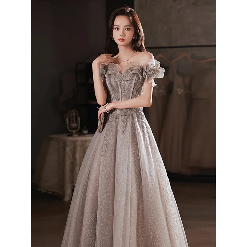 2024 Elegant Gray Flowers Evening Dress Off Shoulder Shiny Sequin Lace A-line Ruched Lace Up Woman Formal Party Prom Gowns