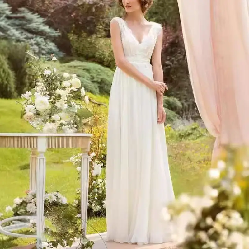 

Simple A Line Chiffon Lace Wedding Dress Zipper Back Garden Customized Boho V neck Wedding Gown