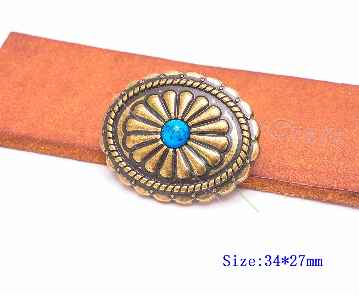 10Pc Brass Plated Mexican Indian Tribal Flower Turquoise American Leather Concho For Leathercraft Belt Western Saddle Tack Decor