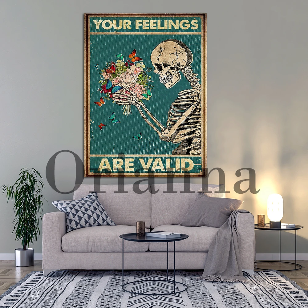 Skeleton Your Feelings Are Valid Vintage Poster, Home Decor Wall Art, Mental Health Awareness Poster, Hd Print Canvas Painting