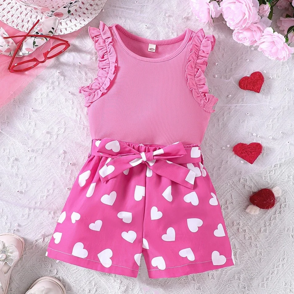 

Girls Pink Summer Outfit Set Kids Girl Clothes Casual Sleeveless Top and Floral Print Shorts for School Outdoor 2 3 4 5 6 7 Y
