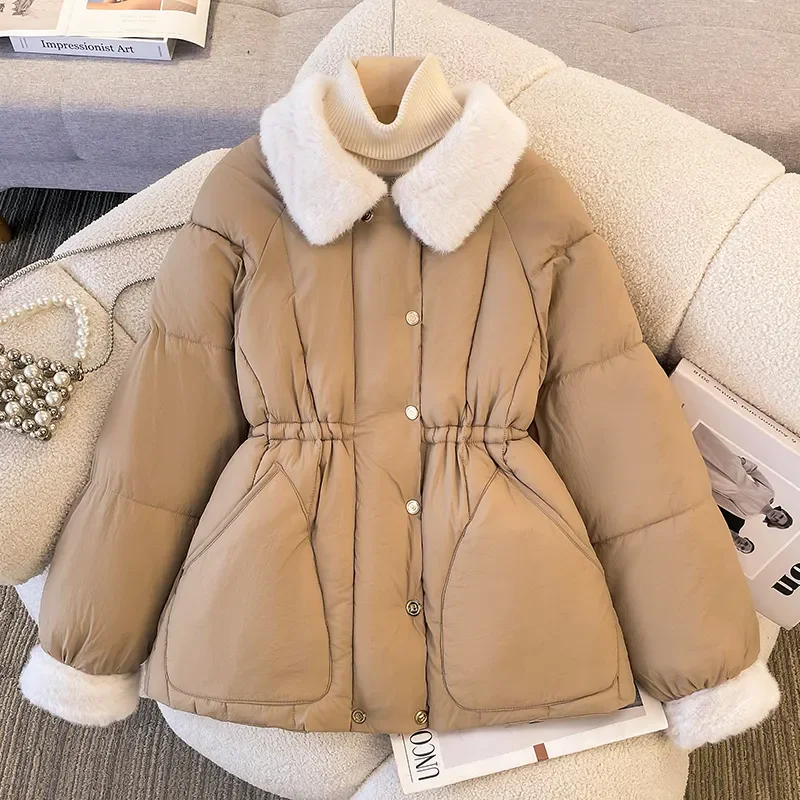 2025 New Winter Coats Women Warm Parkas Long Sleeve Tops Casual Cotton Padded Jackets Belt Black Khaki Outwear Female Clothes