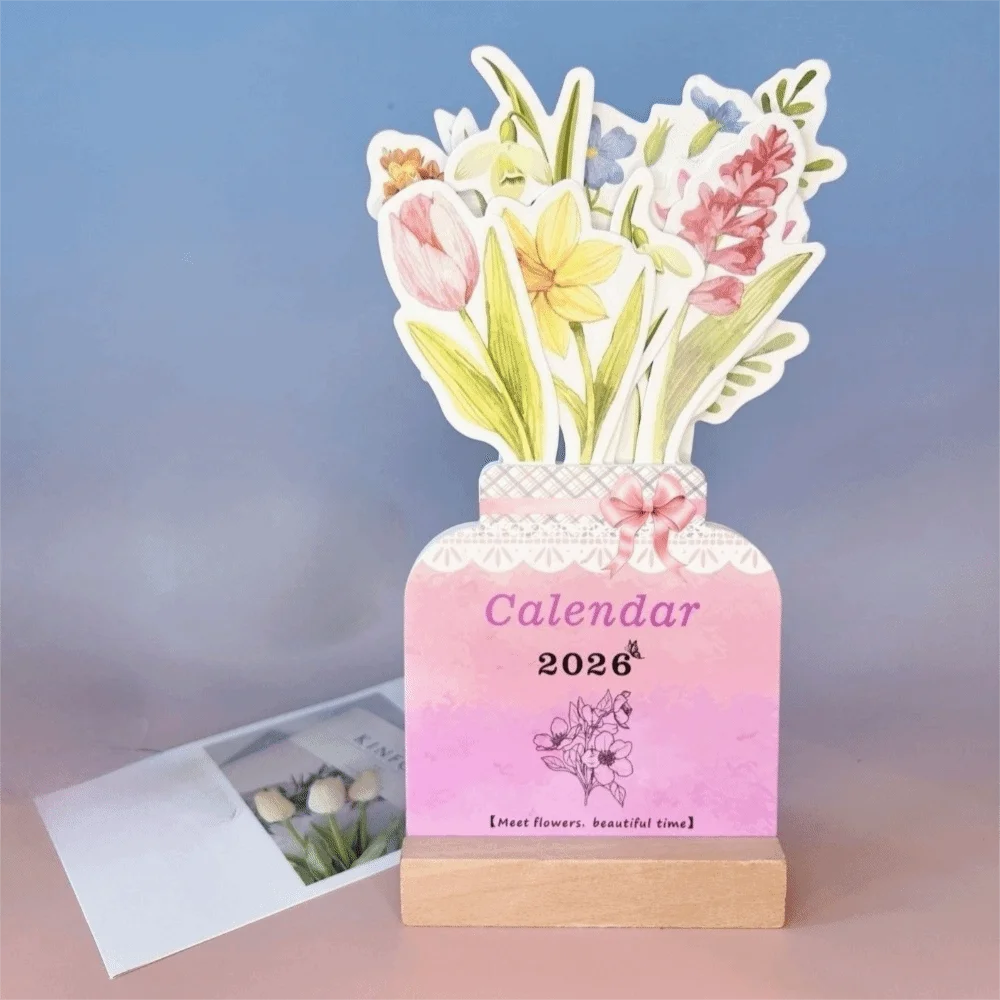 

Wooden Stand Flowers Desk Calendar Card Insert Paper Craft Vase-Like Calendar Traditional Mini Desk Calendar School
