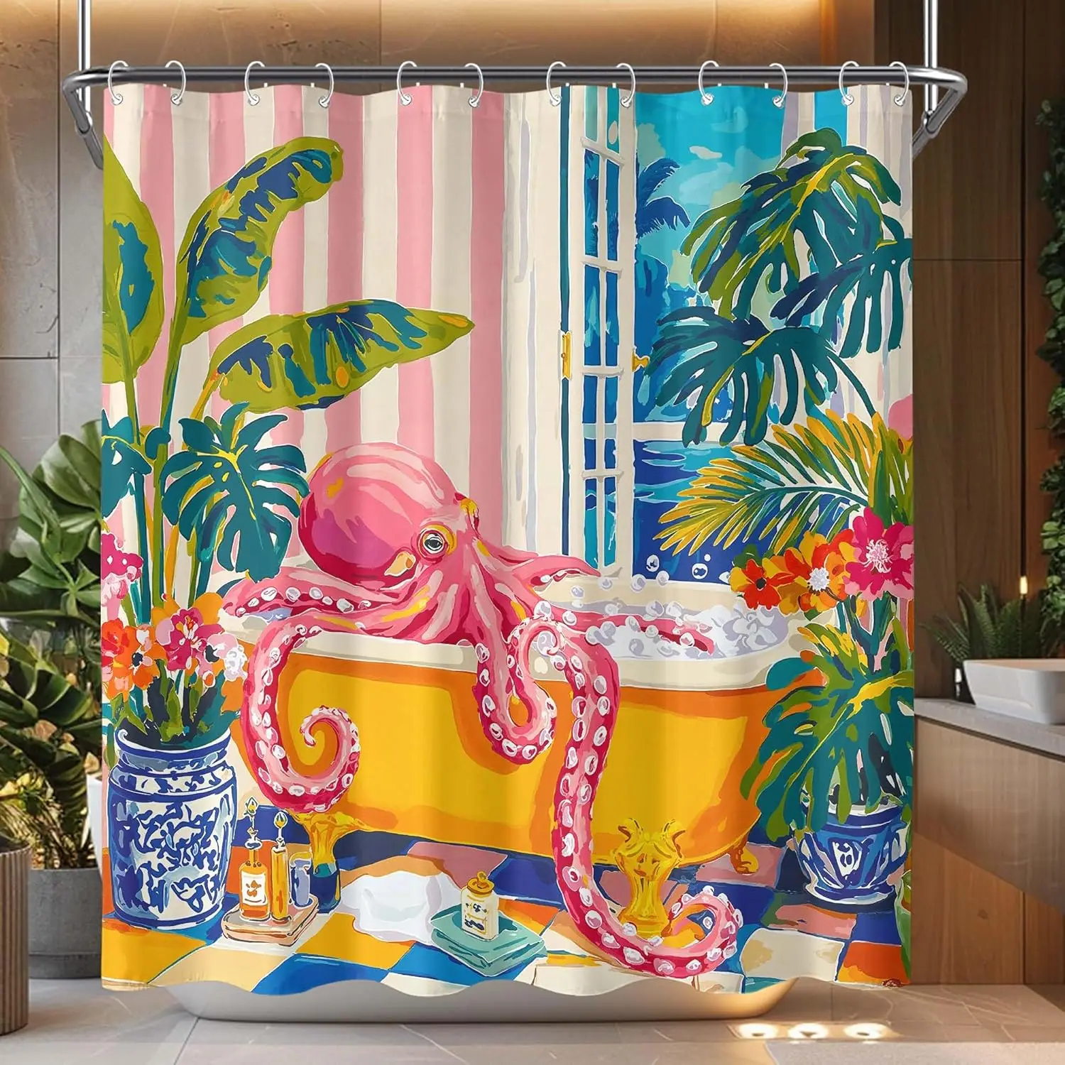 Tropical Octopus Shower Curtain Waterproof Bathroom Decor Ocean Sea Life Jungle Print Artistic Shower Curtain Liner Home Accent