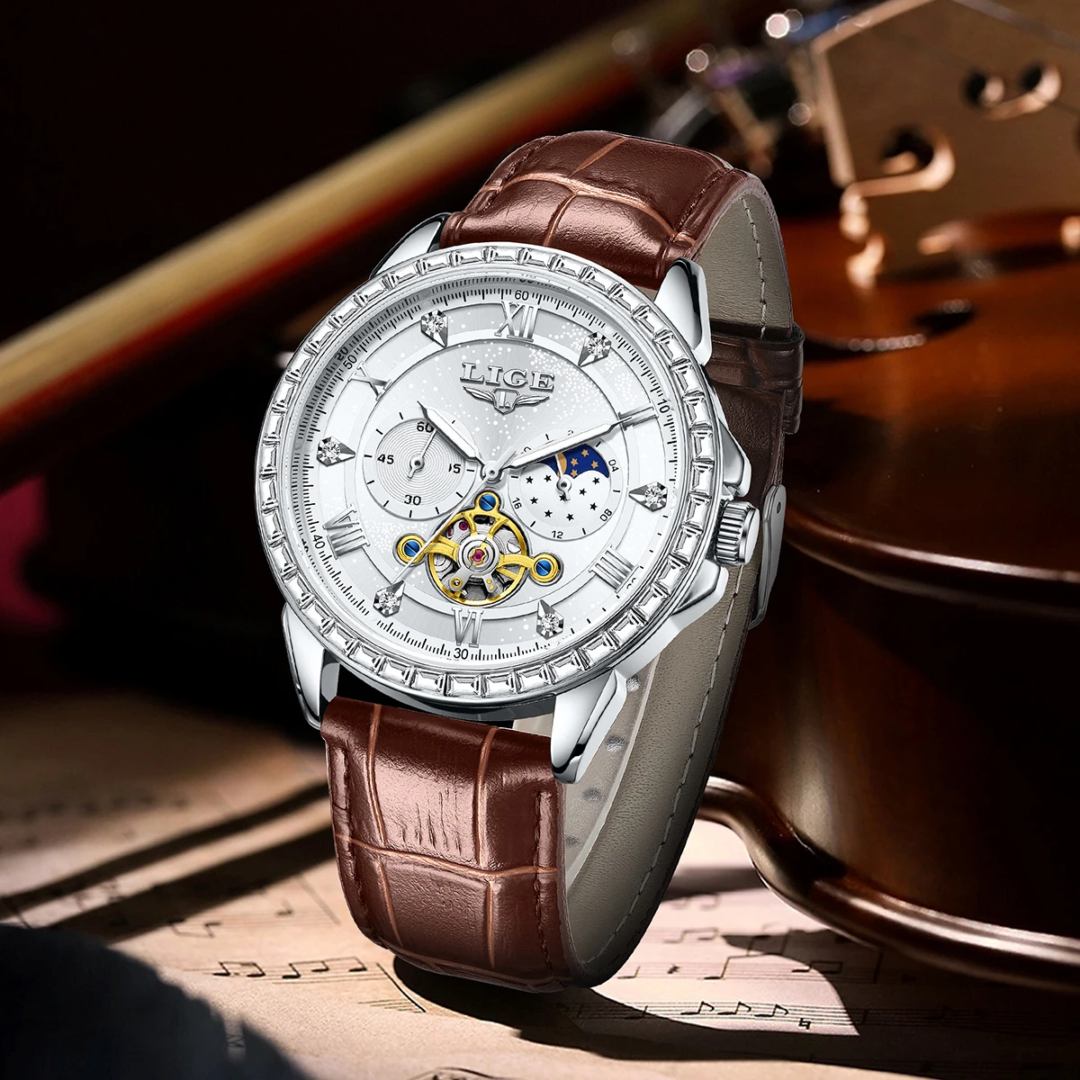 LIGE Big Diamond Dial Moon Phase Automatic Watch For Man and Woman Couple Mechanical Waterproof High-End Luxury Clock Wristwatch