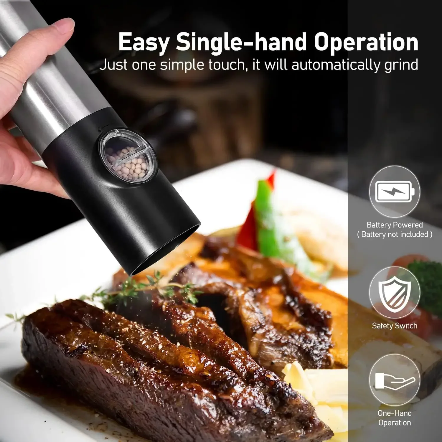 Battery Powered Pepper Grinder Electric Adjustable Coarseness Automatic Peppercorn Sea Salt Cordless Grinder Kitchen Tools