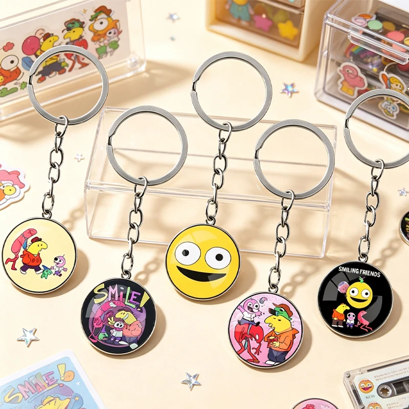 Smiling Friends Fashion Keychain for Men Women Anime Cartoon Printed Key Ring Students Schoolbag Clothing Decorative Key Chains
