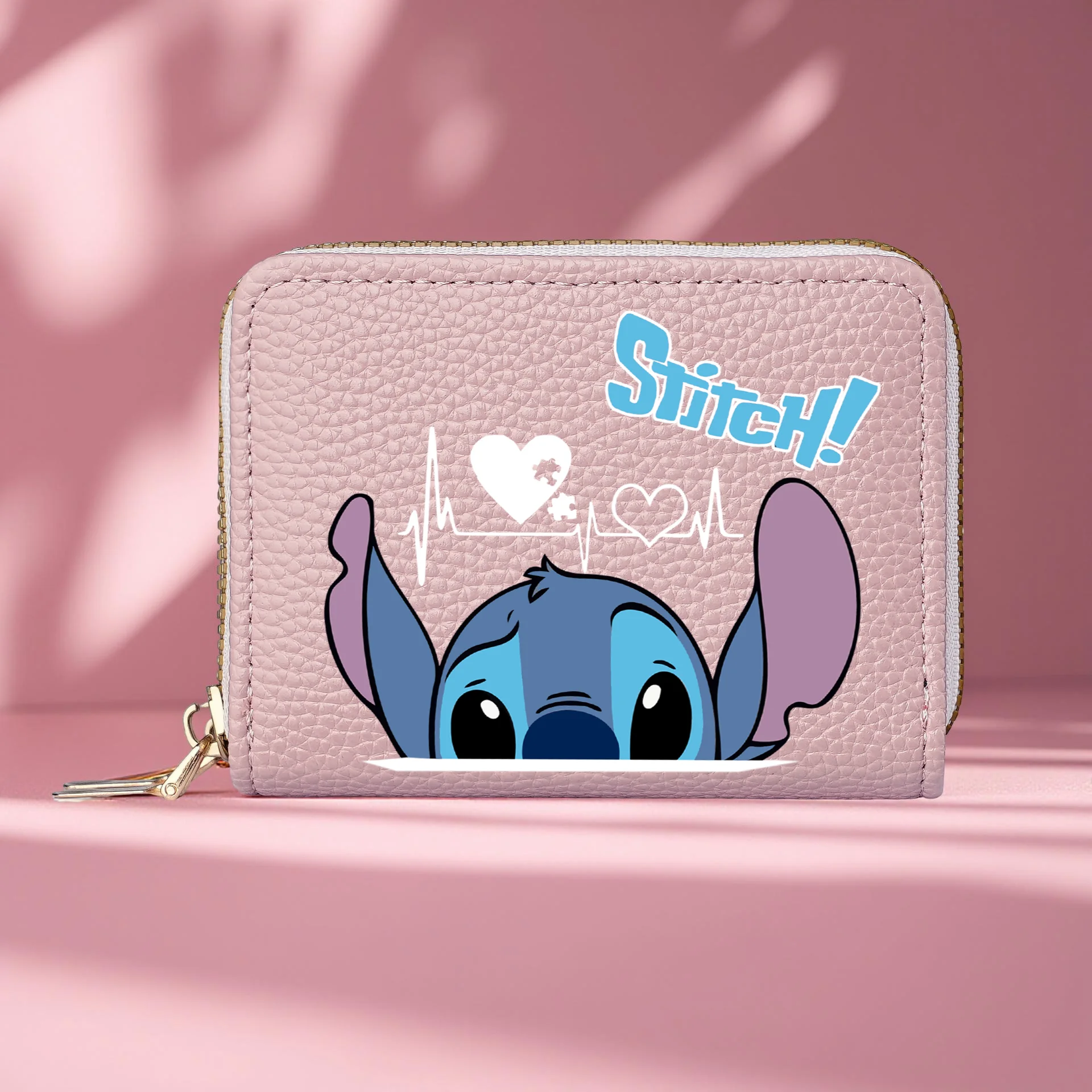 Stitch Design PU Leather Wallet – Double Zipper Short Coin Purse with Card Slots, Cute Cartoon Style, 4 Colors Available