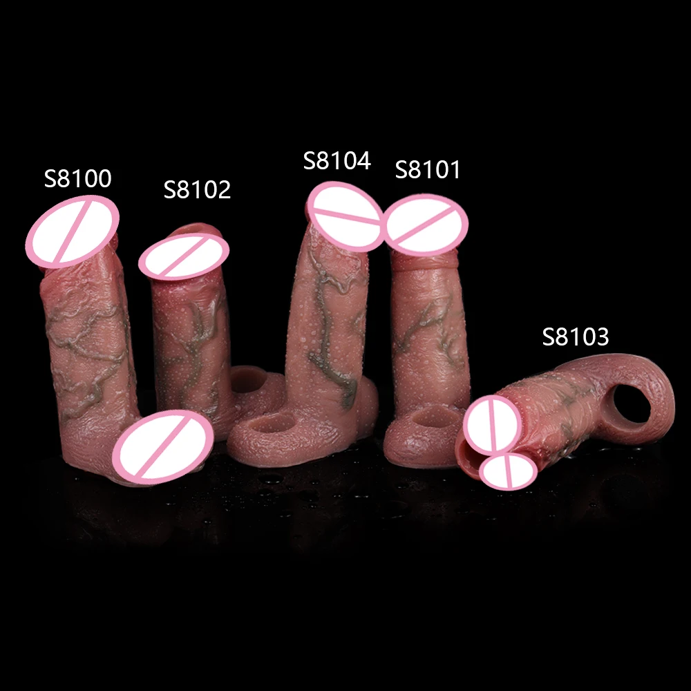 FAAK Artificial Penis Sleeve Strecthable Silicone Realistic Dildo Sheath With Anti-drop Ring Sex Toys For Men Male Masturbator