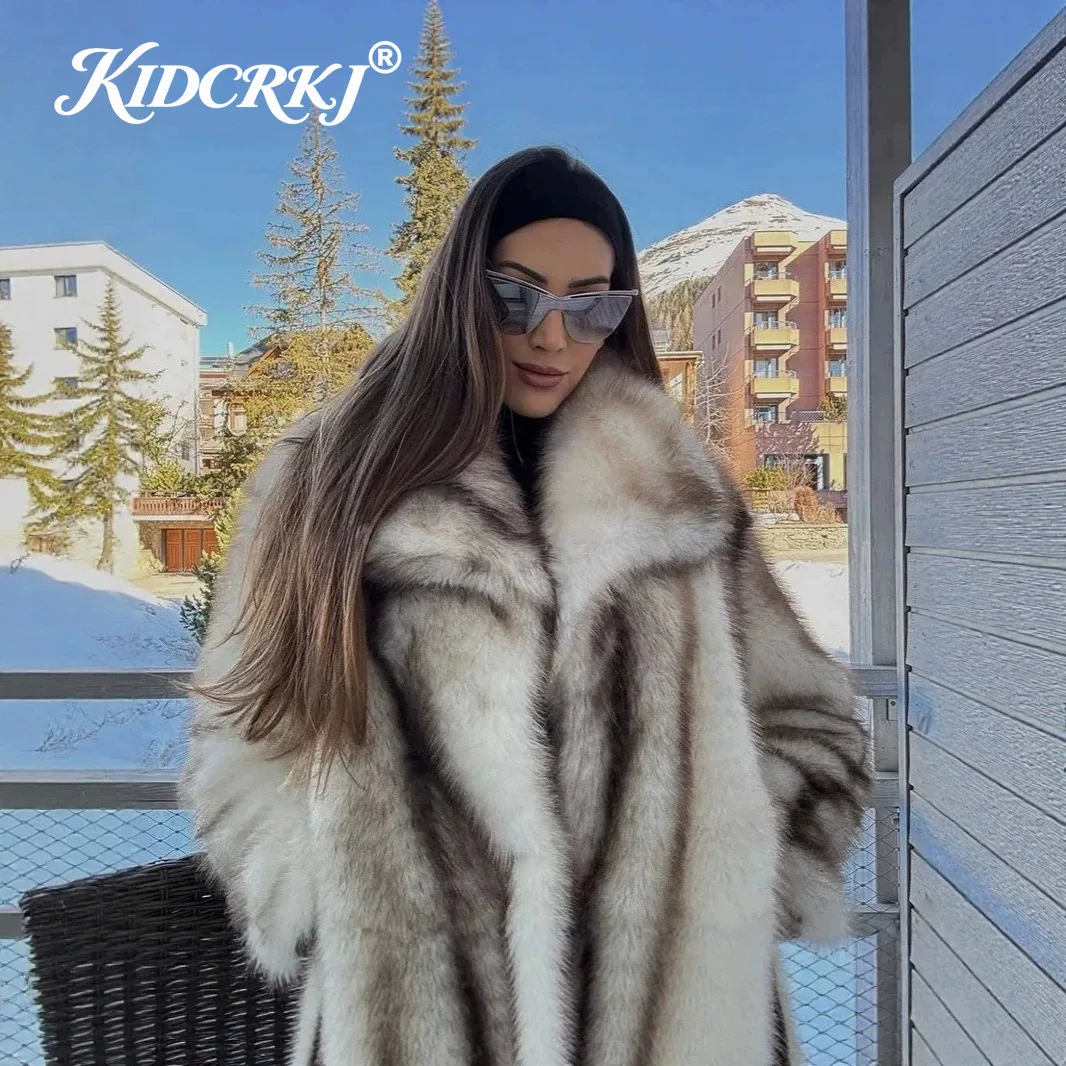 KIDCRKJ Winter Striped Women's Faux Fur Jacket Ladies Overcoat Fashion Blogger Eco-friendly Fluffy Fox Fur Collar Coat Female