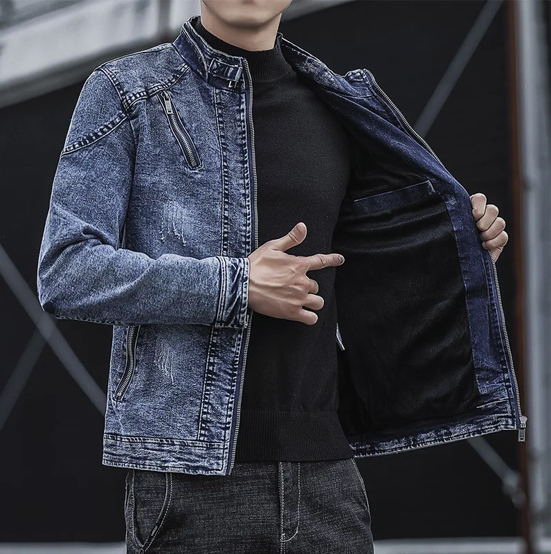 2026 Spring Autumn Men Jacket Simple Solid Color Stand Collar Male Denim Coat Retro Long Sleeve Zipper Casual Man Outerwear