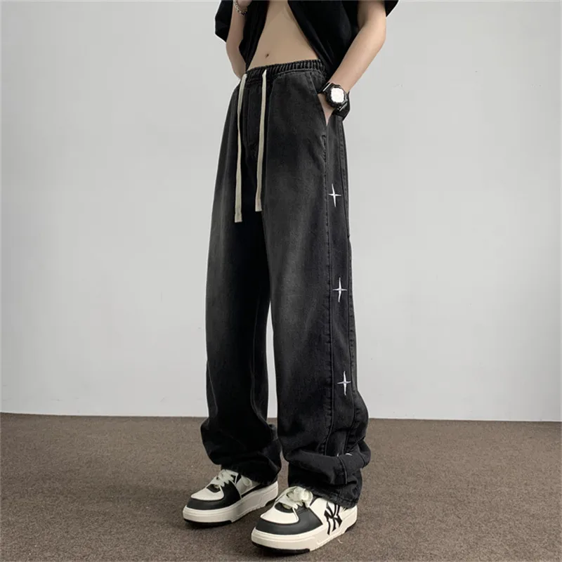

Fashion Star Embroidered Men's Jeans American High Street Retro Straight Leg Denim Pants Casual Washed Loose Drawstring Trousers