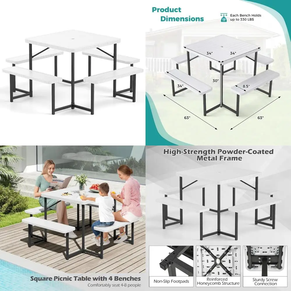 

Квадратные столы для пикника на 8 человек с скамейками, набор столов для кемпинга на открытом воздухе, верхняя часть из ПЭП, металлический каркас, отверстие для зонта в комплекте