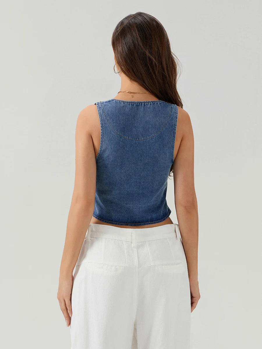 Women Denim Tank Tops Streetwear Aesthetic 2000s Slim Solid Color Front Tie-Up Casual Vests Summer Fashion Sleeveless Crop Tops