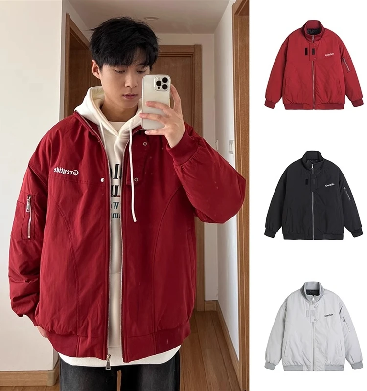 

American Retro Letter Embroidery Stand Collar Jaet Loose Street Sle Casual Match All Loose Long Sve Youth Outerwear