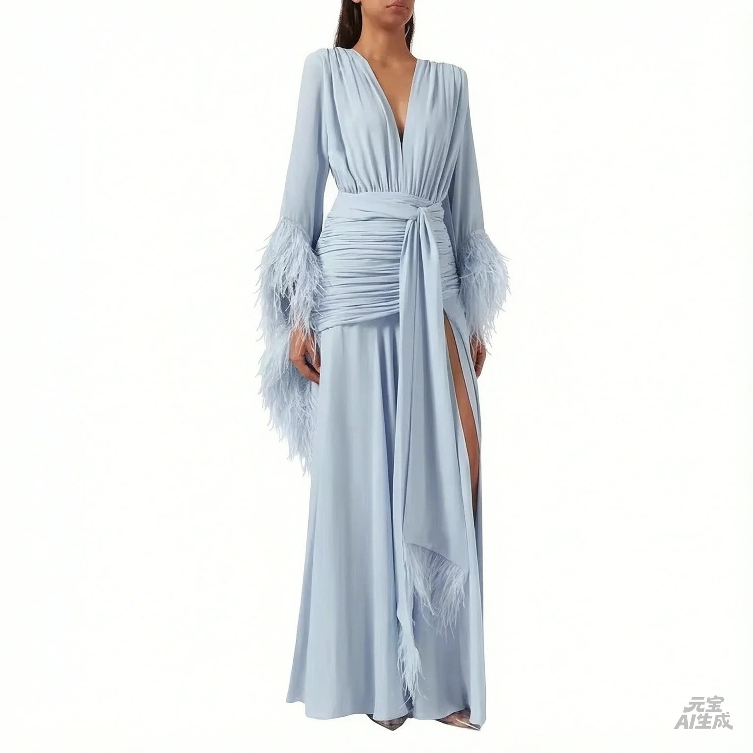 Customized V-Neck Side High Slit A-Line Prom Dresses Long Sleeve Elegant Evening Gowns Cascading Ruffle Party Dresses 2026 view 3