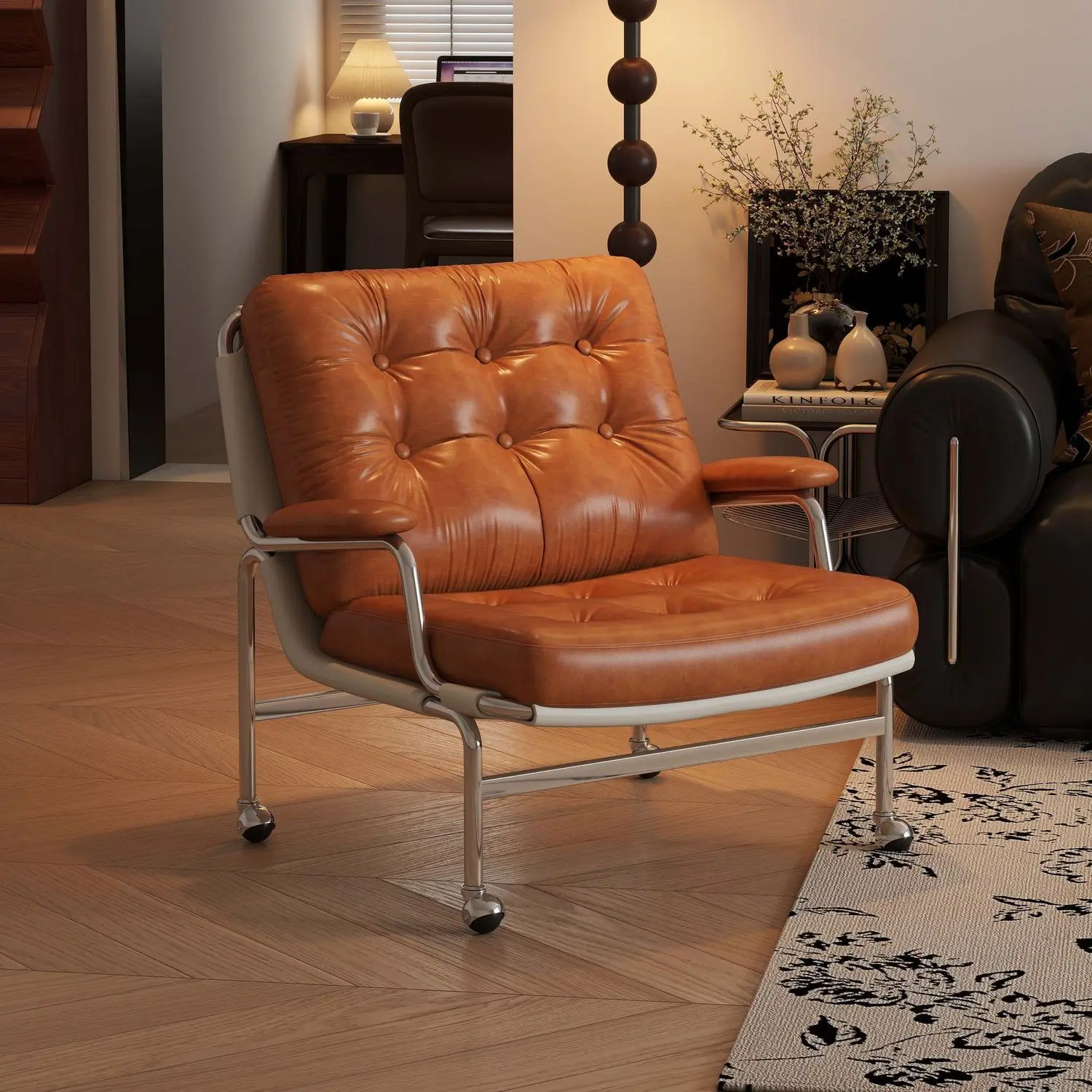 Lazy Sofa Chair Single Medieval Style Living Room Retro Leisure Movable Single Chair Universal Roller Skate Lazy Lounger
