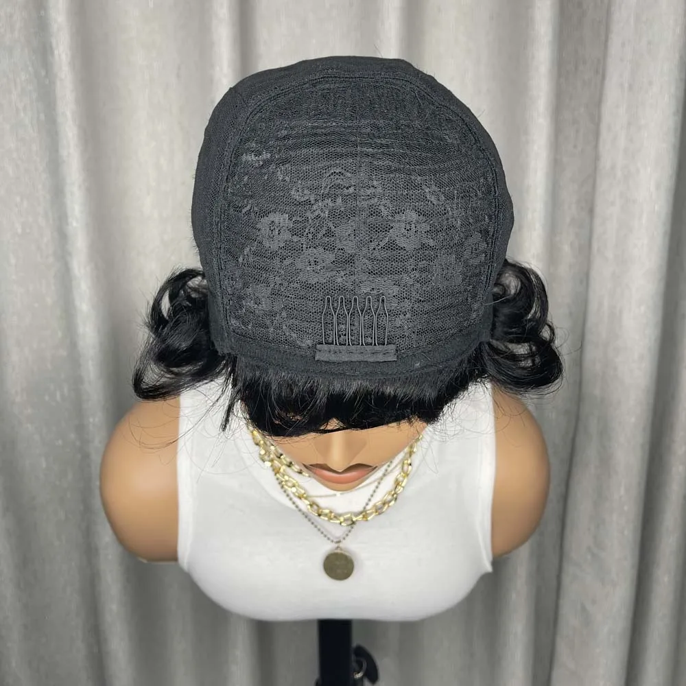 باروكات شعر بشري قصيرة بقص عابث للنساء ذوات البشرة السمراء، باروكة شعر بشري ريمي للاستخدام اليومي، شعر مستعار طبيعي مصنوع آليًا باللون الأسود