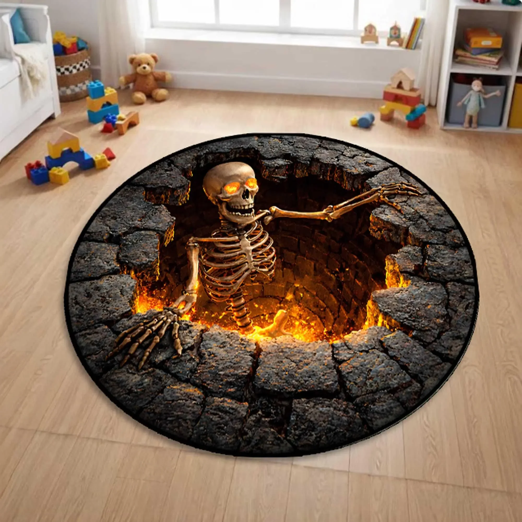 2D Fire Pit Skull Printed Carpet Weird Decorative Circular Door Mat Living Room Bedroom Horror Home Decor, Carpet