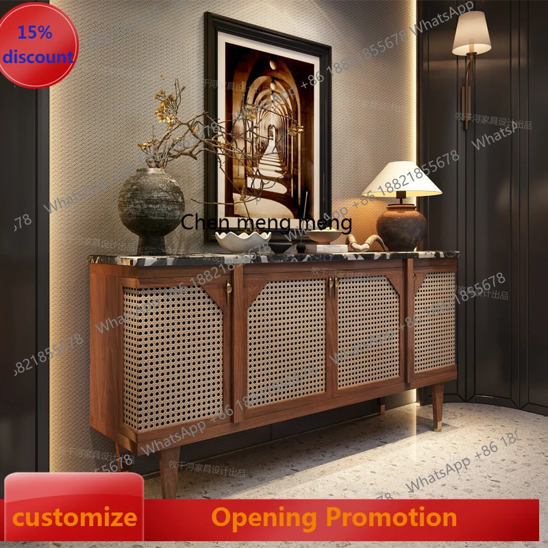 

French retro solid wood home entrance cabinet marble dining side cabinet rattan antique locker