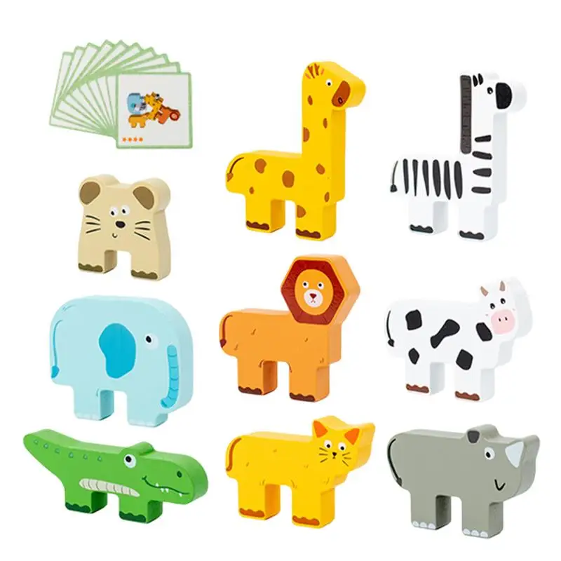 Wooden Blocks Stacking Toys Balance Building Blocks Toy Realistic Animal Image Learning Toy For Home Outdoors School Travel