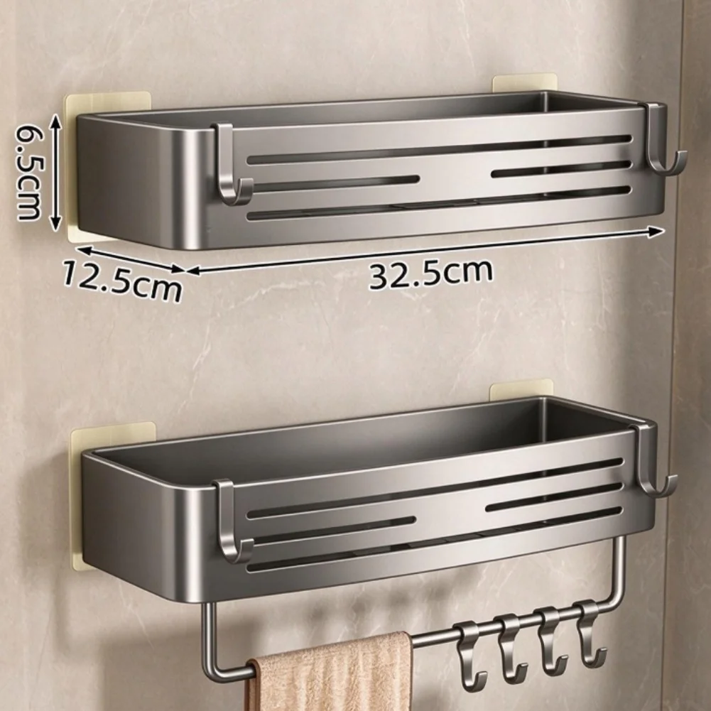 No Drill Rustproof Aluminum Bathroom Shelf with Hollow Drain Basket Towel Holder and Four Movable Hooks for Functional Storage