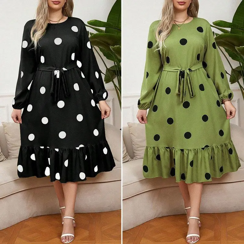 Slimming Polka Dot Long Sve Dr With Belted Hemline Briti Sle Polyester Fabric R…