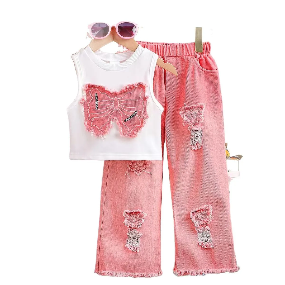 

Summer patch bow sleeveless top + pink ripped denim pants 2 piece set 4-7Y Children's clothing