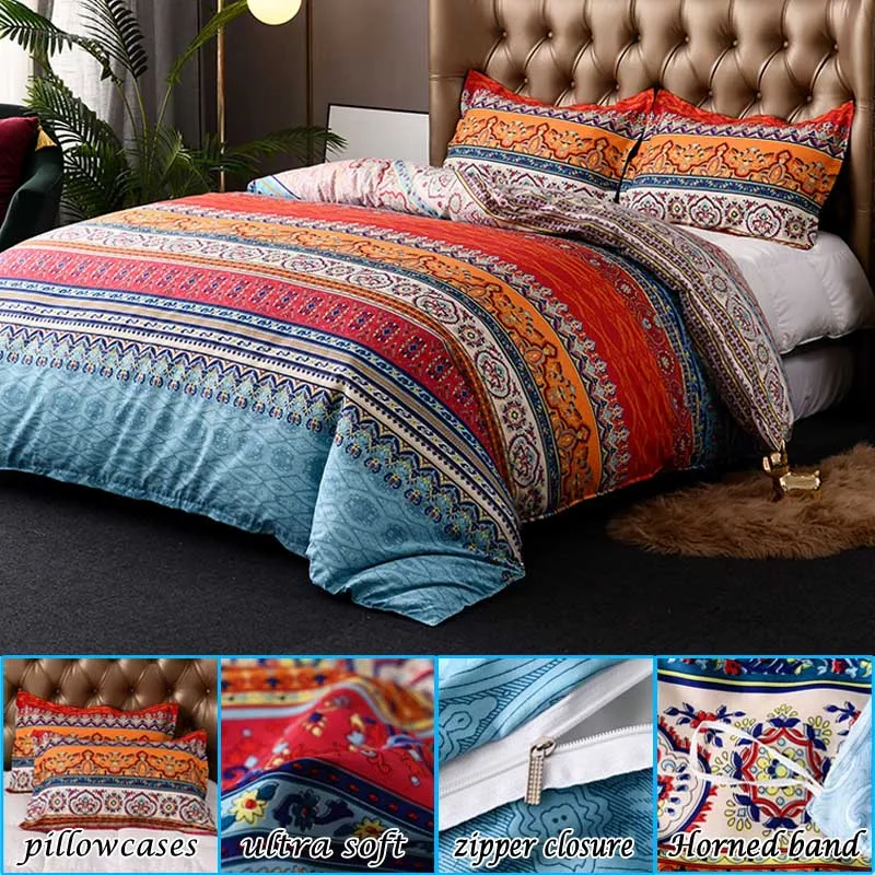 Boho Pattern Duvet Cover Set Soft Microfiber Duvet Cover with Zipper Closure & Corner Ties