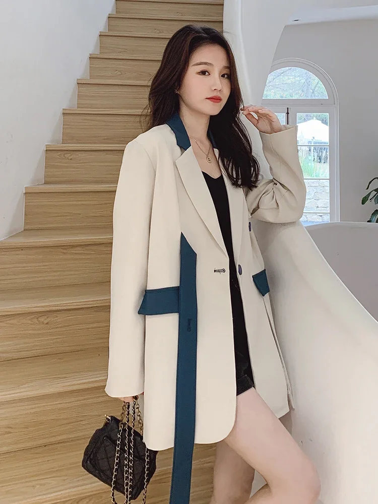 Women White Gothic Blazer Elegant Vintage 90s Fashion Coat with Belt Y2k Suit Jacket Harajuku Long Sleeve Outwear 2000s Clothes