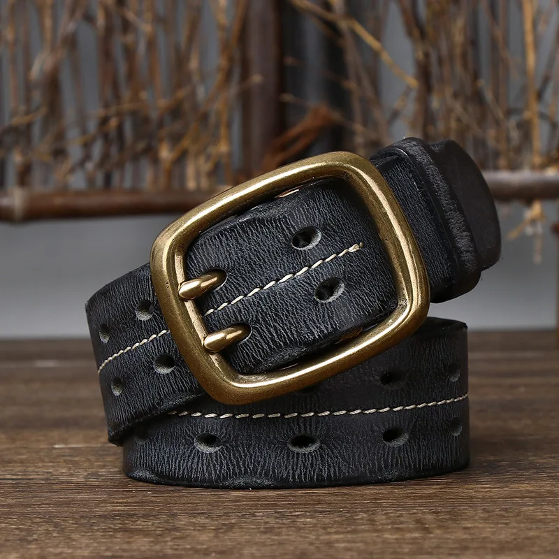 3.8CM Pure Cowhide High Quality Genuine Leather Belts for Men Casual Strap Male Double Needle Brass Buckle Young Man Retro Jeans