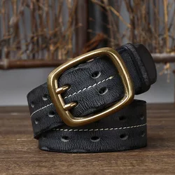 3.8CM Pure Cowhide High Quality Genuine Leather Belts for Men Casual Strap Male Double Needle Brass Buckle Young Man Retro Jeans