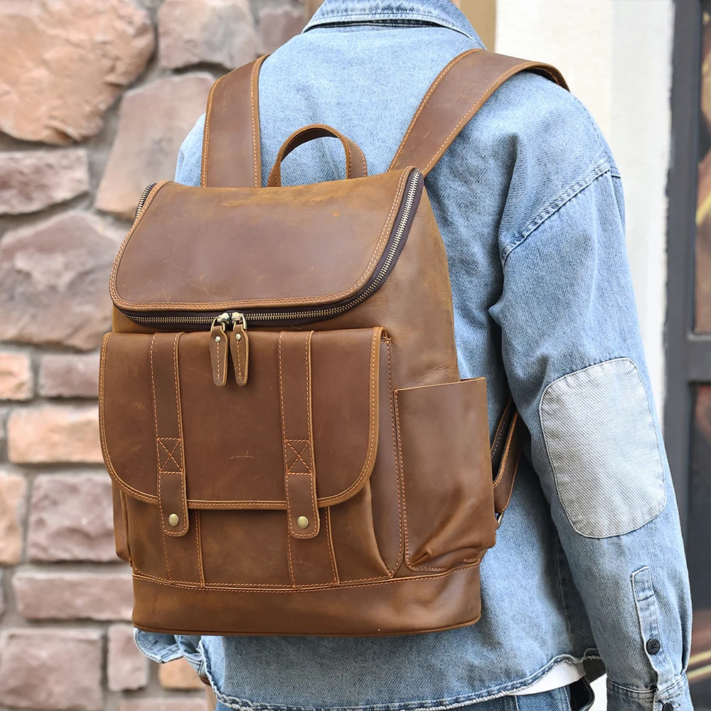 

Leather vintage backpack men's business computer bag crazy horse travel backpack men's bag