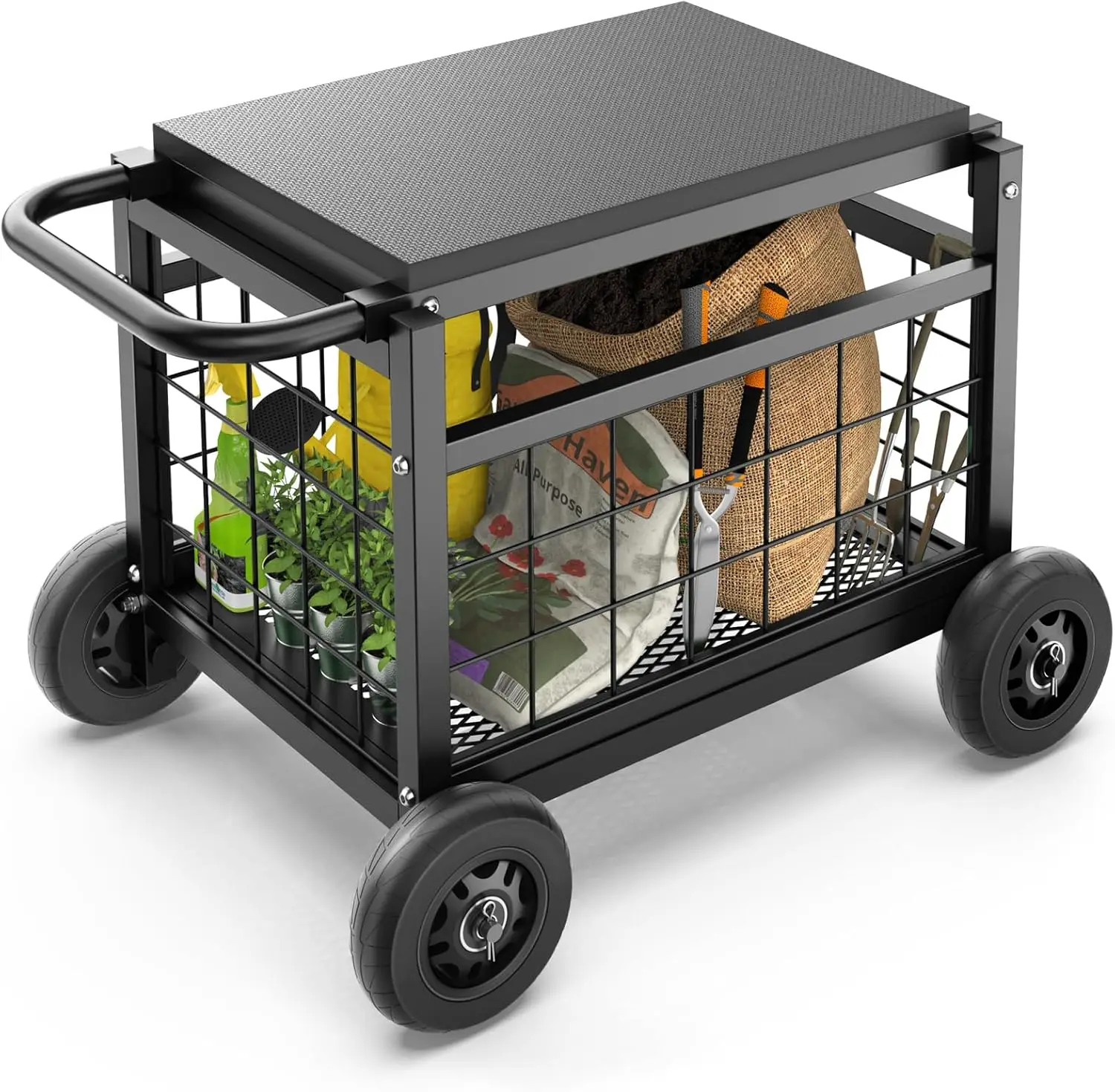 

Rolling Garden Work Seat with Wheels, Heavy Duty Metal Stool, Upgraded Cart for Seniors, Outdoor Lawn Patio Wagon, Black