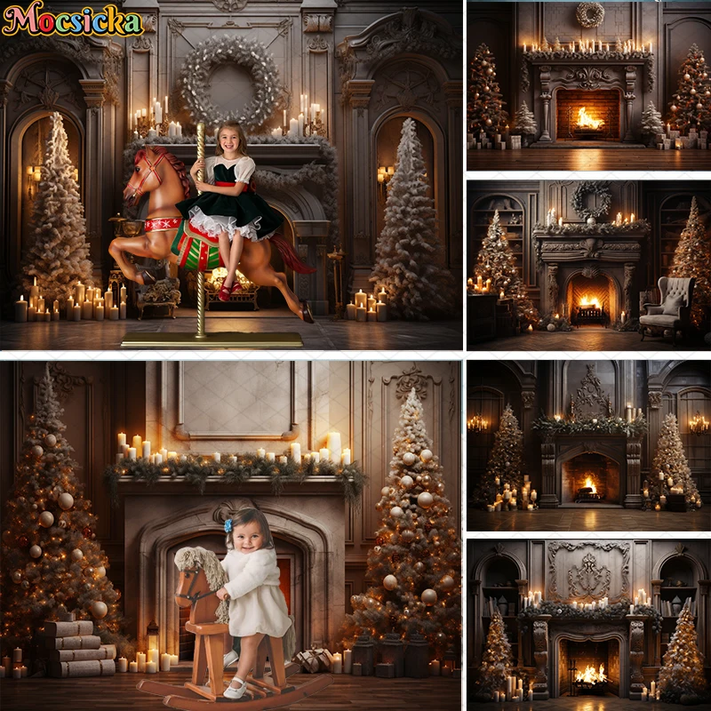 Mocsicka Indoor Christmas Mantel Photography Background Kids Art Portrait Photo Backdrop Xmas Tree Garland Decoration Props