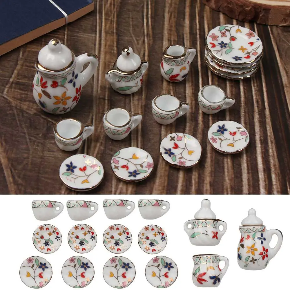 15 Pieces Mini Ceramic Tea Set 1:12 Kitchen Miniature Porcelain Set Flower Pattern Dollhouse Accessories Set