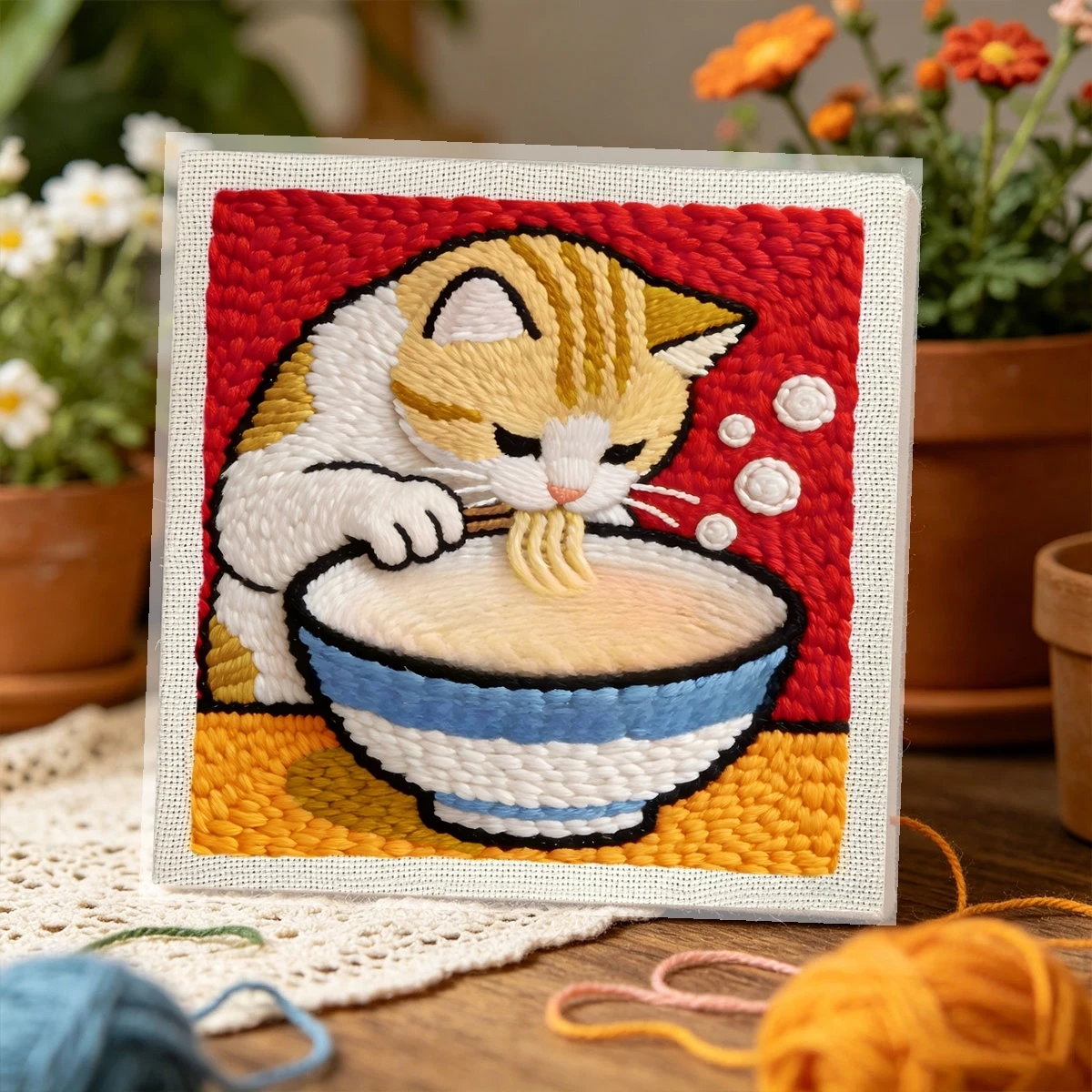 1 Set Katze beim Ramenessen DIY-Stickerei-Set für Anfänger, Stickerei-Starter-Kit, Kreuzstich-Kunstgeschenk, Handarbeits-Bastelset – Detail 3