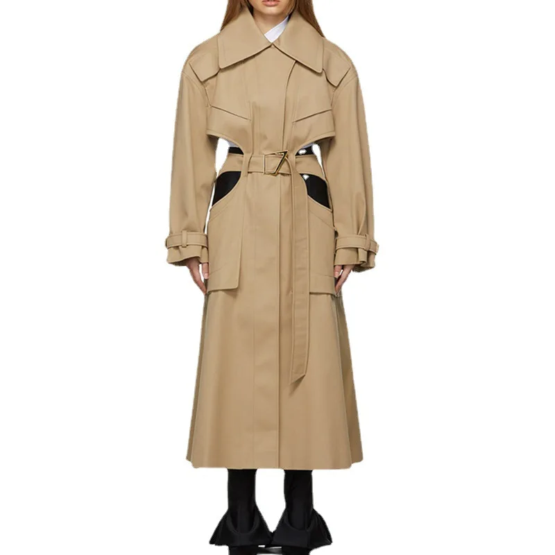 Hollow Out Trench British Style Belted Long Caot Windbreaker Women Autumn Spring Streetwear Office Coat Trench