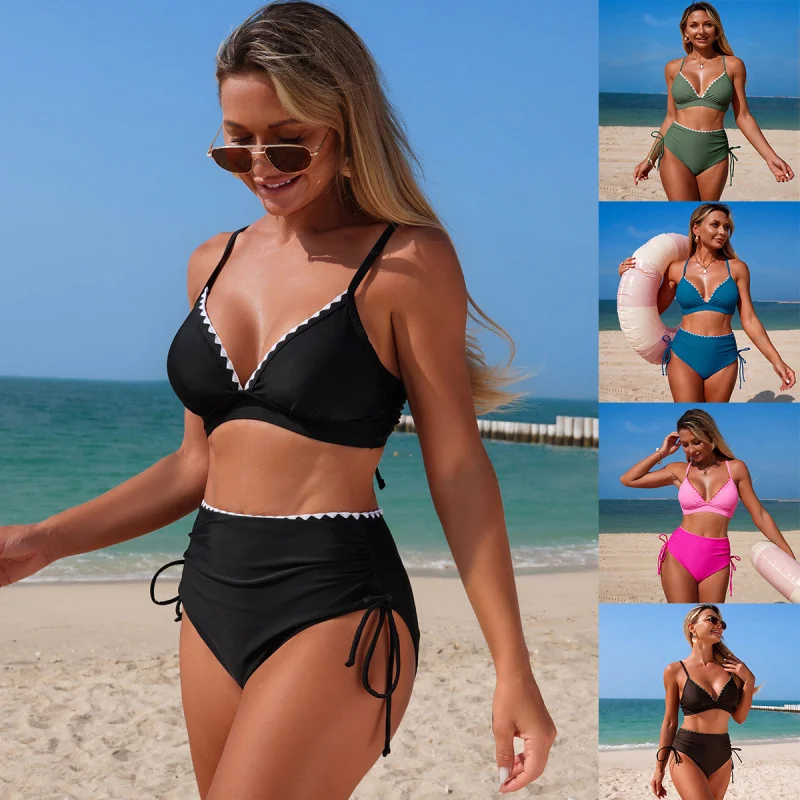 

Lace Up Two Piece Women Swimsuit Sexy Bathing Suit Spaghetti Strap Swimwear Scalloped Beach Wear High Waist Bikini Set