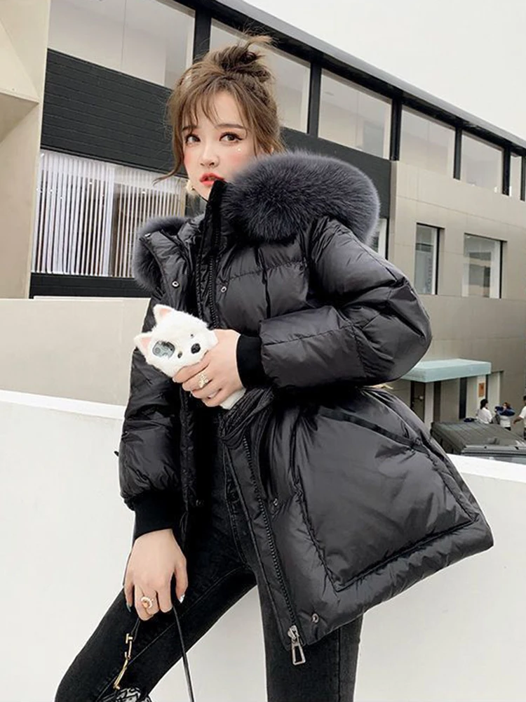 2023 Loose Big Fur Collar Hooded Puffer Jacket Women Thicken Cotton Padded Parkas Coat Autumn Winter Female Warm Clothes Outwear