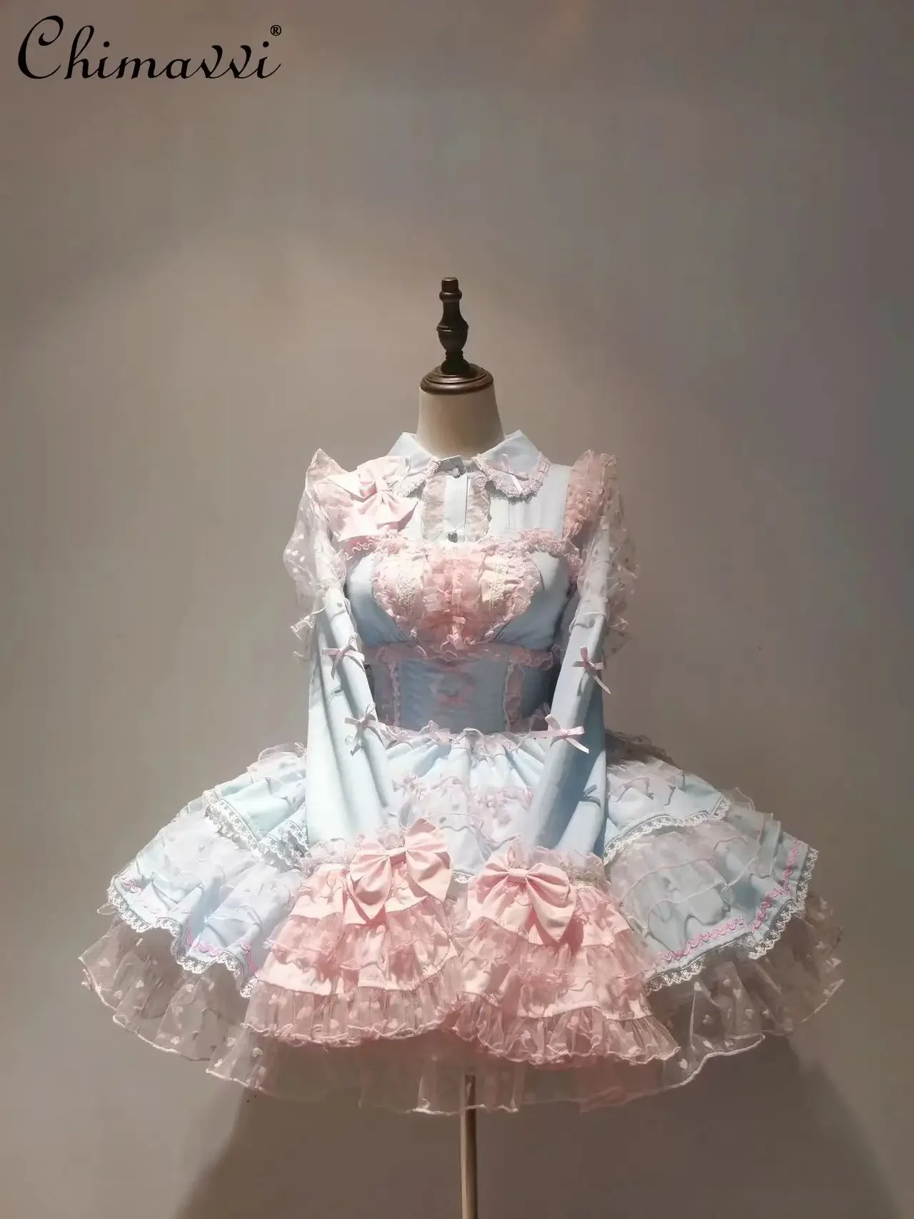 Estilo Lolita azul rosa dopamina dulce lindo encaje corto costura vestido novedad de verano estilo femenino vestido de princesa de cintura alta para mujer