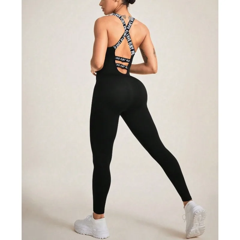 Kriananas Nero Croce Indietro Lettera Stampata Tute per Le Donne 2026 Alla Moda U Collare Traspirante Sportwear Hip Lifting Pantaloni Della Tuta