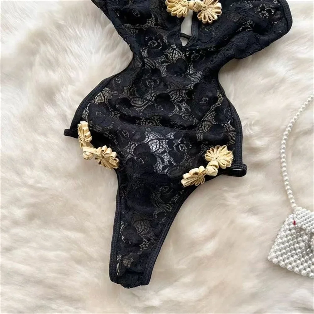 مثير الدانتيل شبكة بذلة الكلاسيكية مشبك معدني Hairball بذلة واحدة الصدر النمط الشرقي الوقوف طوق الربيع الصيف