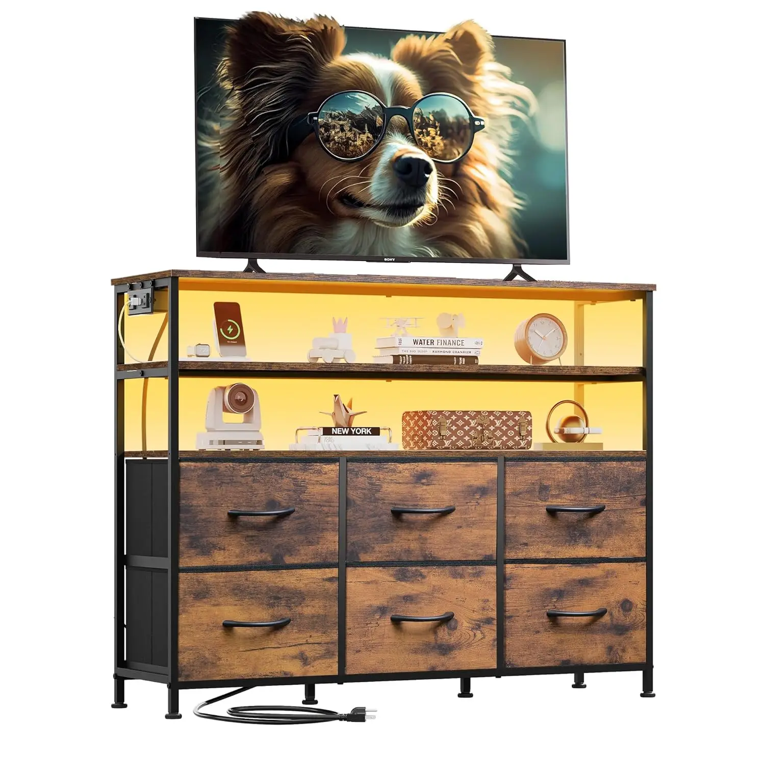 

TV Stand For 40, 45 Inch TV, Entertainment Center With LED Lights & Charging Station, TV Media Console Table With 6, Customized