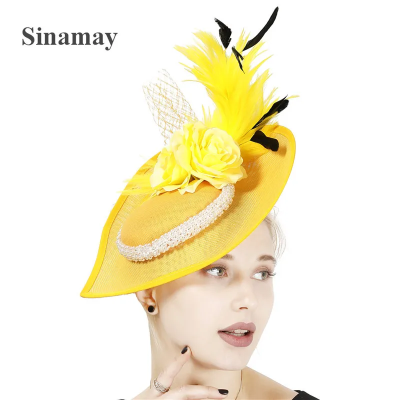 Sinamay Feather Fascinator Hat for Women with Pearls Flowers，Kentucky Derby Veil Hat Bridal Wedding Tea Party Headwear