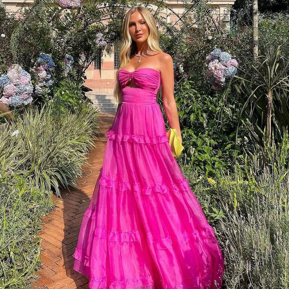 

Hot Pink Formal Occasion Dress 2025 Sweetheart Organza Long Party Dress Tiered Sleeveless Sexy Evening Gowns فساتين مناسبة رسمية