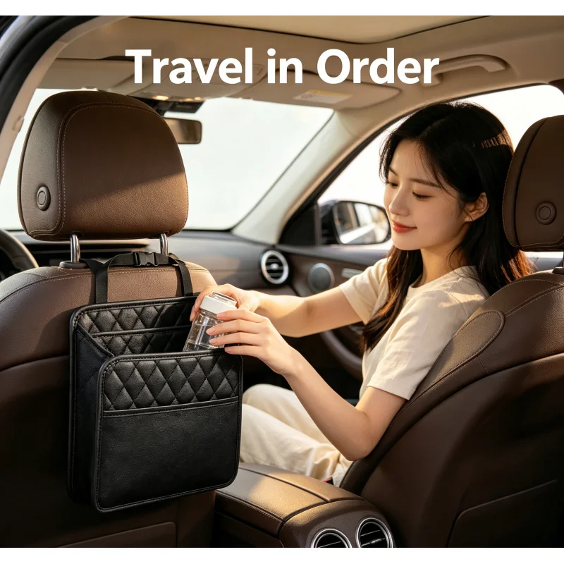 Multi-Functional Leather Car Organizer 2Pcs Black Seat Storage Bag with Garbage Bag Portable Trash Can for Most Car Models